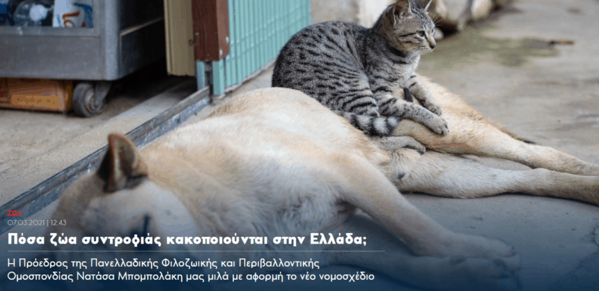 Συνέντευξη της Νατάσας Μπομπολάκη, Πρόεδρο της Πανελλαδικής Φιλοζωικής και Περιβαλλοντικής Ομοσπονδίας για το νέο νομοσχέδιο για την προστασία των ζώων.