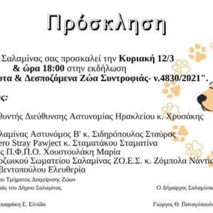 Εκδήλωση του Δήμου Σαλαμίνας “Αδέσποτα και Δεσποζόμενα Ζώα Συντροφιάς