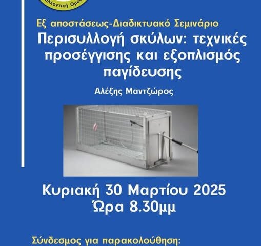Διαδικτυακό σεμινάριο: “Περισυλλογή σκύλων : τεχνικές προσέγγισης και εξοπλισμός παγίδευσης”